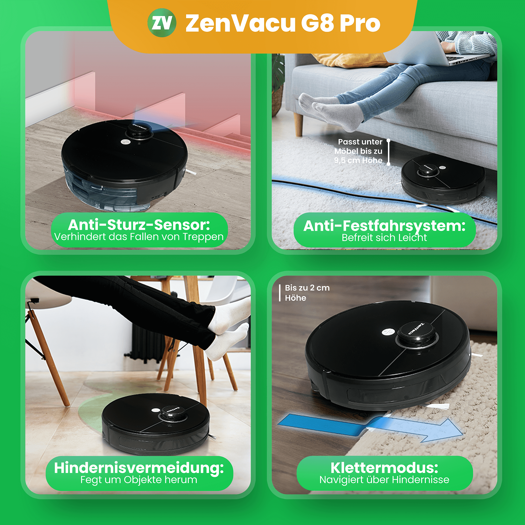 ZenVacu G8 Pro: Fortschrittliche Sicherheitssysteme, Anti-Sturz-Sensor, Anti-Blockier-Modus, Hindernisvermeidung und Klettermodus für nahtlose Leistung. Sorgen Sie für die Sicherheit und Effizienz Ihrer Hausreinigung mit diesen hochmodernen Funktionen.