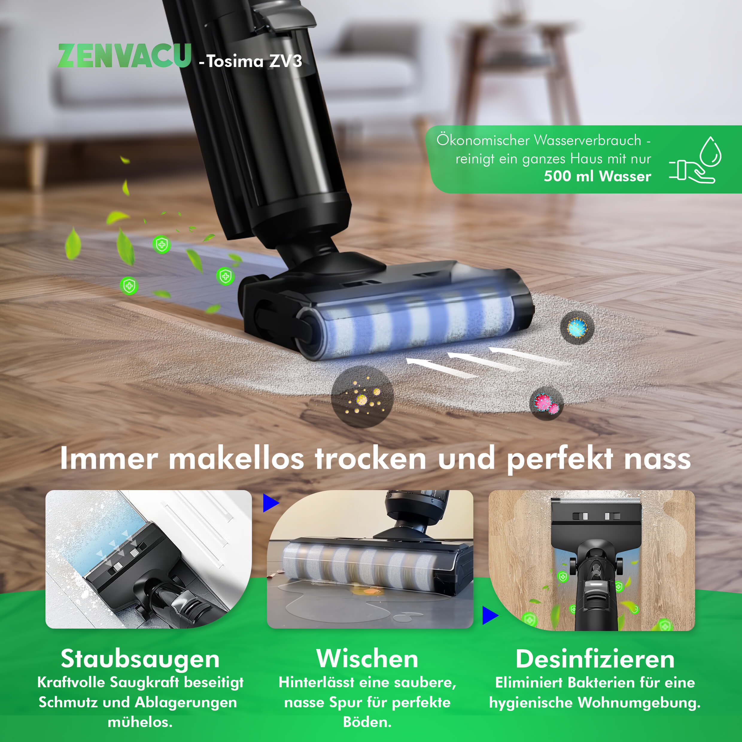 Tosima ZV3 Multi 3-in-1 Stick Vacuum with Mopping - ZenVacu